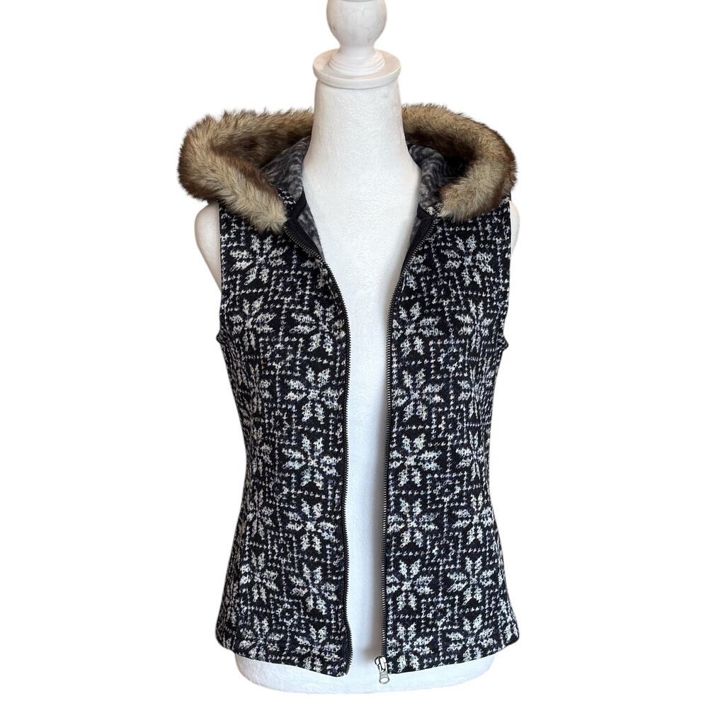 Talbots Blue Snowflake Sweater Vest  Size P Full Zip Hood with Faux Fur Trim